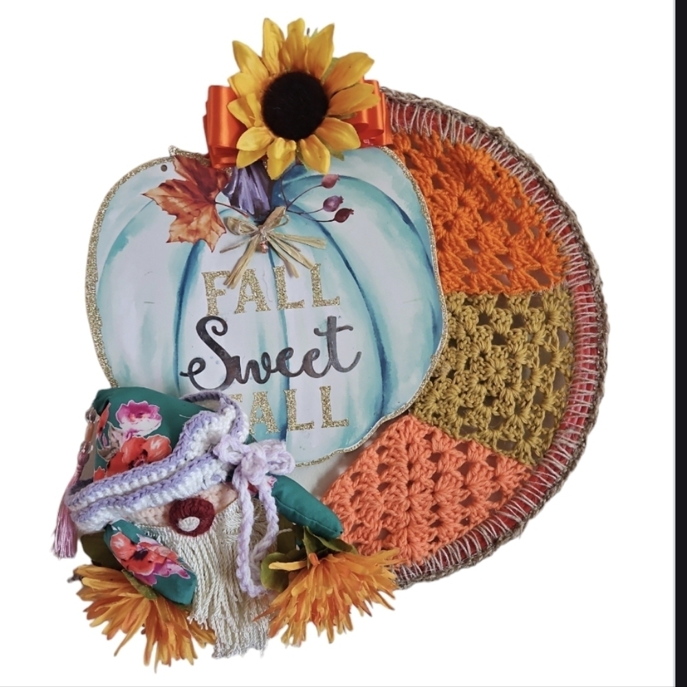 Handcrafted holiday wreath fall crochet  pumpkin wall decor floral gnome collage